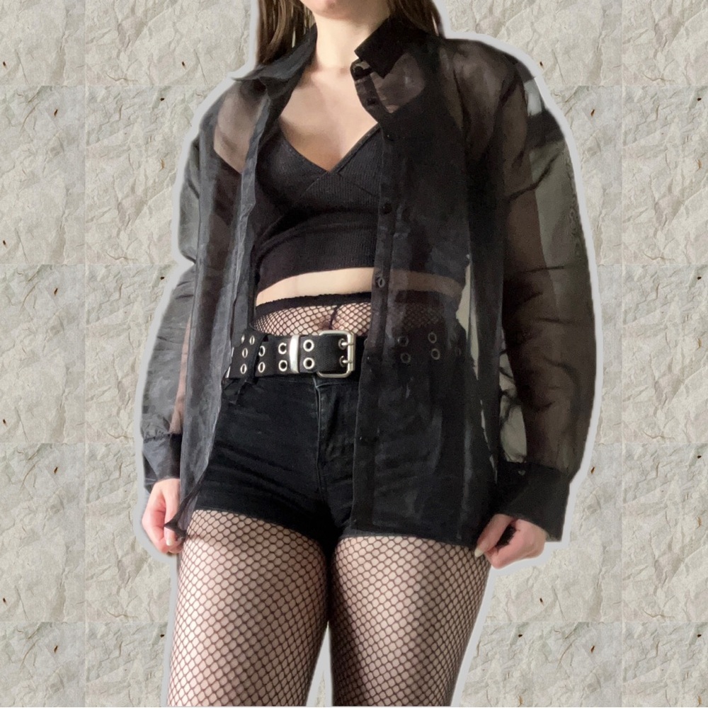 NEW BEAUTIFUL RARE GOTH BLACK MESH BUTTON UP TOP - Picture 2 of 16